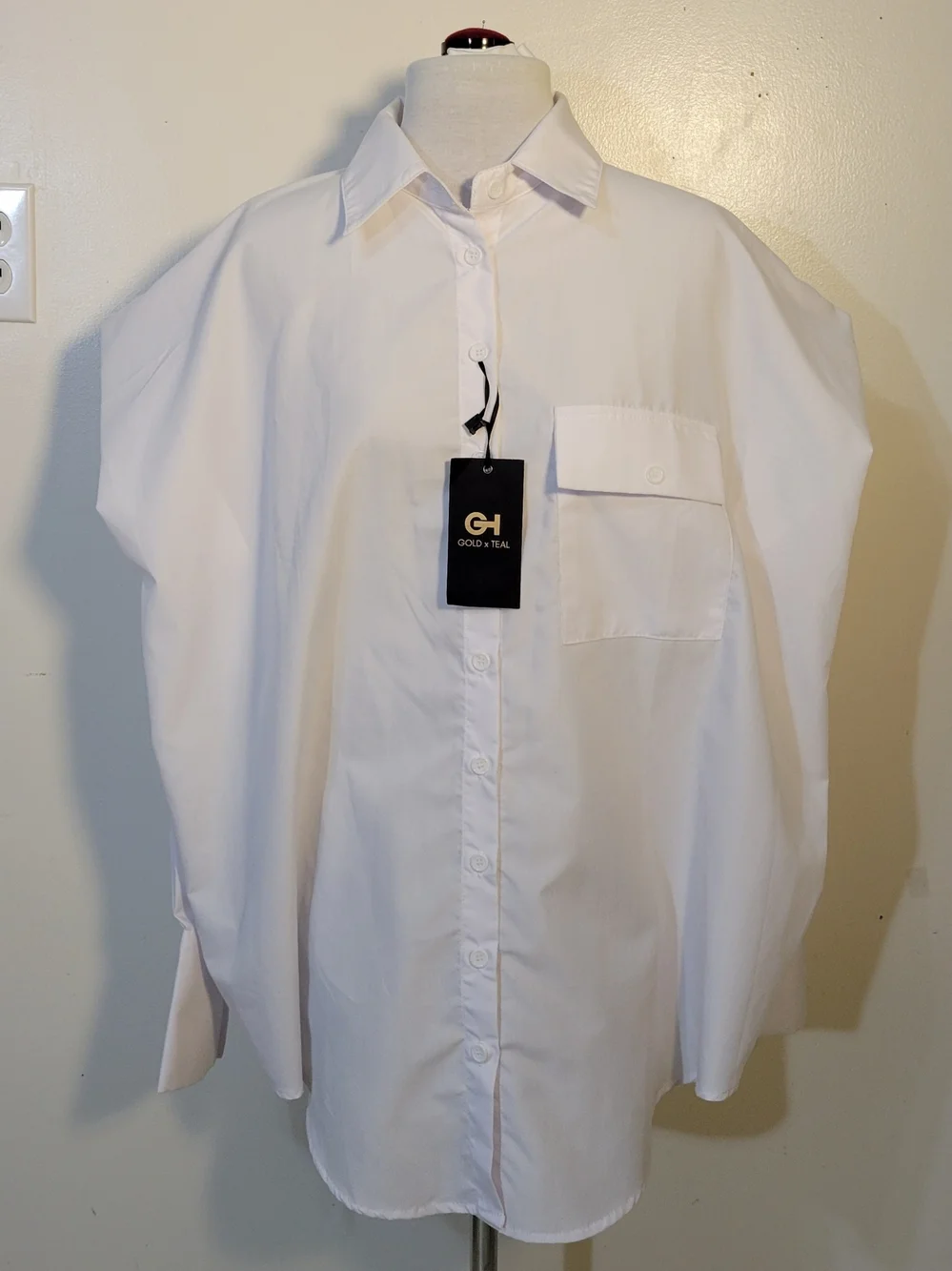 Gold X Teal (Womens L) High Pointed Shoulder Over-sized White Button-Down Shirt - Picture 2 of 10
